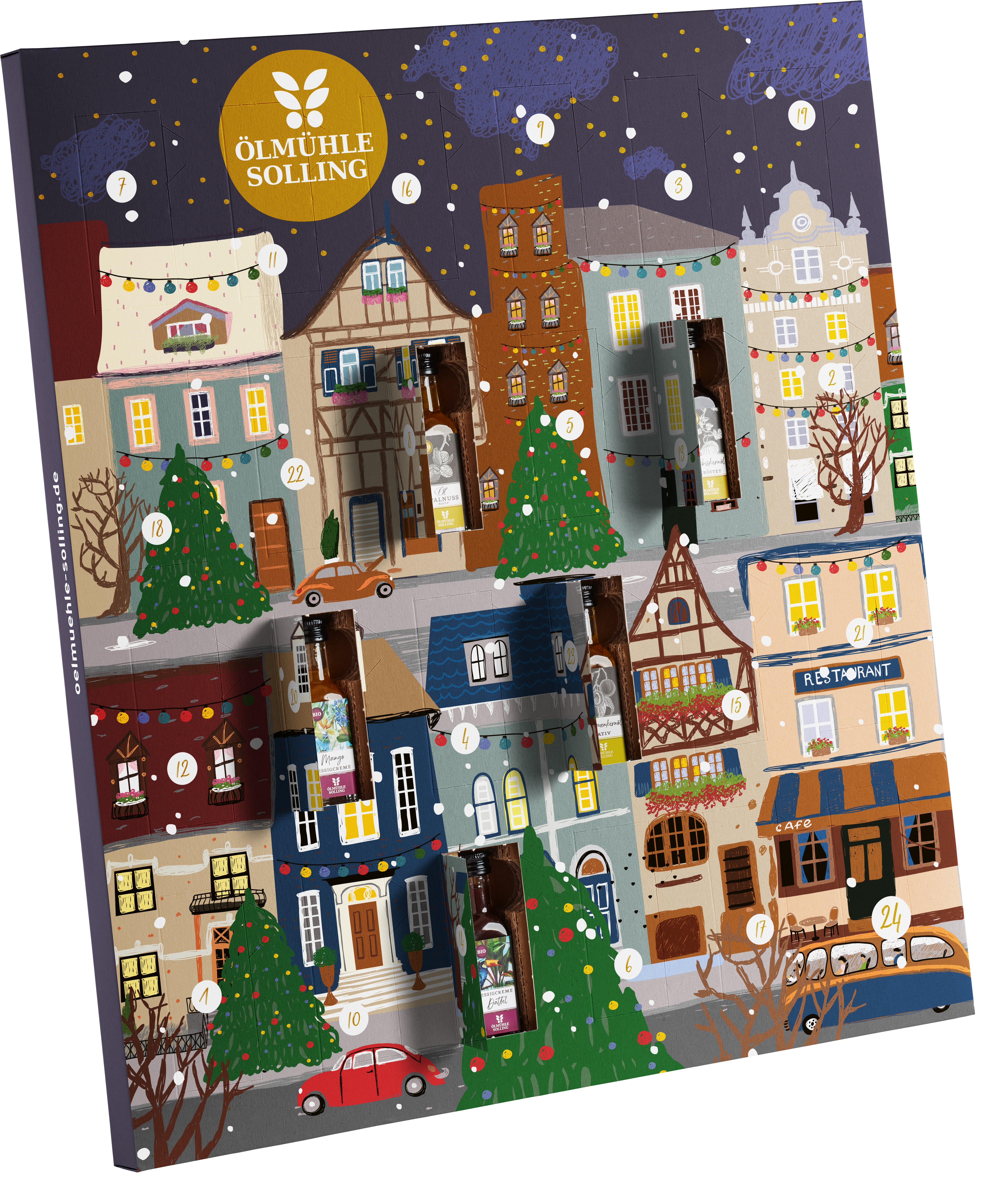 Abgebildet ist ein Adventskalender mit dem Motiv einer festlich beleuchteten Stadt im Winter. Mehrere Häuser mit unterschiedlichen Fassaden, weihnachtlichen Dekorationen, Tannenbäumen und verschneiten Dächern sind zu sehen. Einzelne Türchen des Kalenders sind geöffnet. Im Hintergrund ist ein dunkler Nachthimmel mit goldenen Sternen zu erkennen.